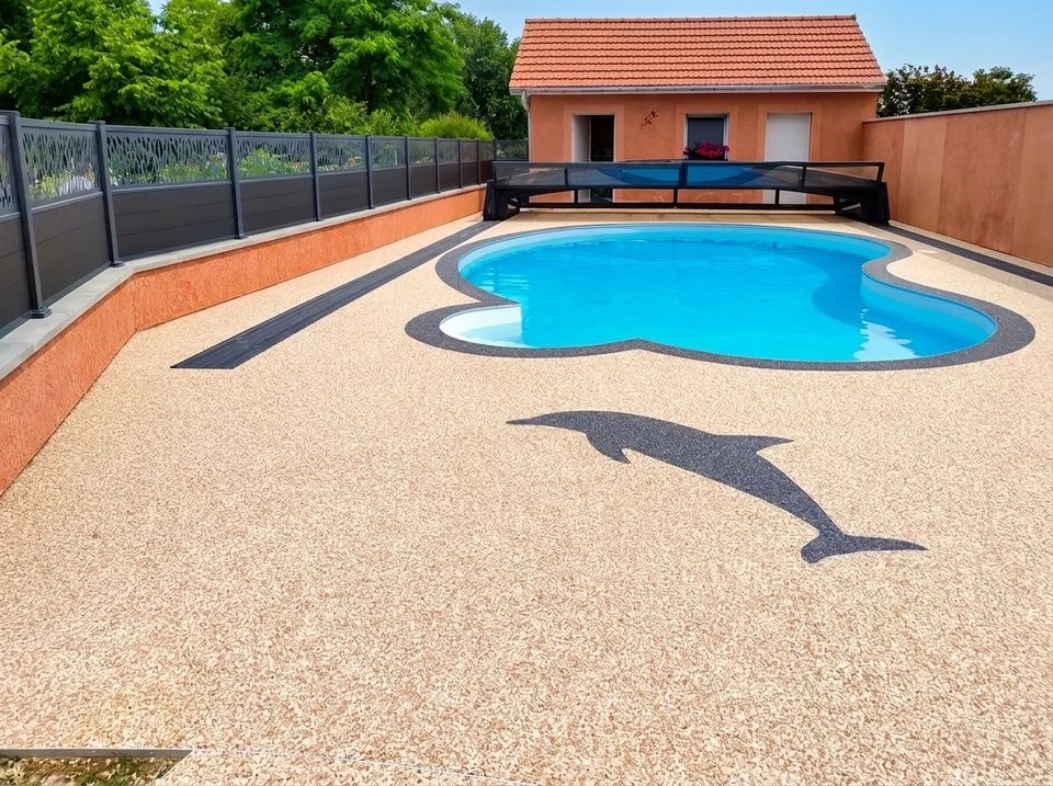 Plage de piscine extérieure en résine drainante agrégats de marbre beige, avec motif décoratif dauphin en granulat anthracite